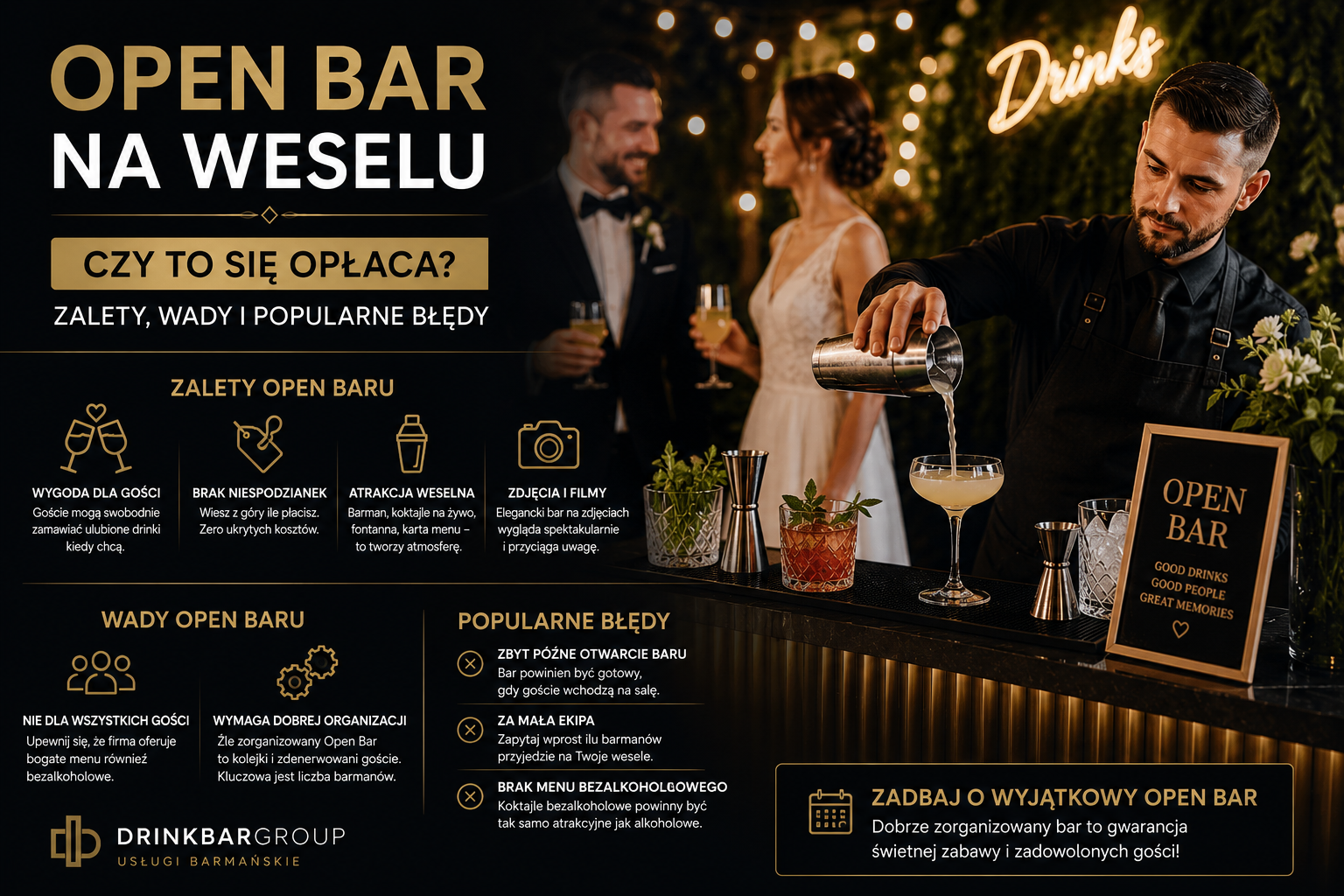 Open Bar na weselu — czy to się opłaca? Zalety, wady i popularne błędy
